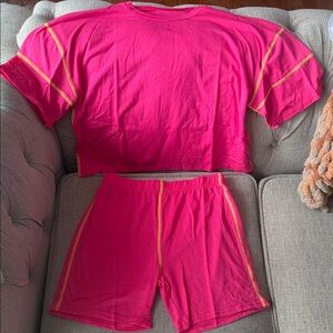 Bright Pink Cotton Lounge Short Set with Contrast Stitching